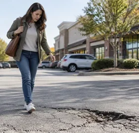 A shopper walks near damaged pavement in a retail parking lot outside a Georgia shopping center.