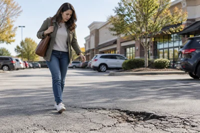 A shopper walks near damaged pavement in a retail parking lot outside a Georgia shopping center.