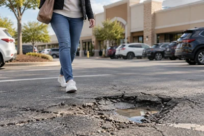 Una persona camina cerca de pavimento dañado en el estacionamiento de un centro comercial de Georgia.