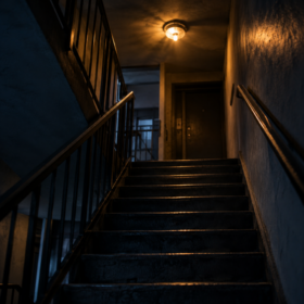 Dimly lit apartment stairwell with dark steps