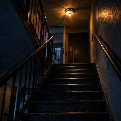 Dimly lit apartment stairwell with dark steps