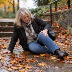 A person loses footing on a rain-soaked walkway covered with wet autumn leaves outside a building.