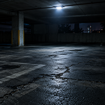 Dim parking garage with an uneven surface