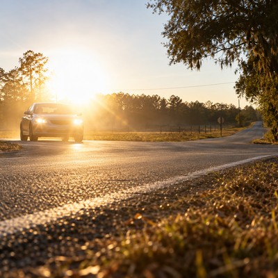 Sun glare through the windshield of a car traveling toward Atlanta traffic.