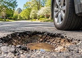 A car tire stops beside a deep pothole on a Georgia road.