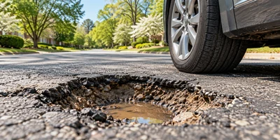 A car tire stops beside a deep pothole on a Georgia road.