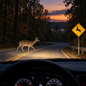 Venado cerca de una carretera de Georgia al atardecer con un automóvil a distancia