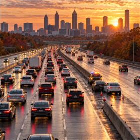 Thanksgiving traffic slows around a minor two-car collision on an Atlanta highway at sunrise.