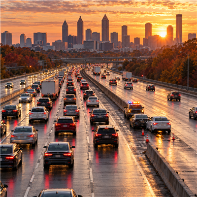 Thanksgiving traffic slows around a minor two-car collision on an Atlanta highway at sunrise.