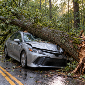 Fallen oak tree crushing an unoccupied car on a wet wooded Georgia roadway