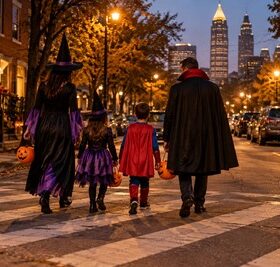 Familia cruzando una calle de Atlanta en Halloween, ilustración de responsabilidad por accidentes peatonales