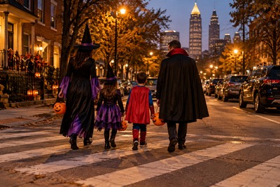Familia cruzando una calle de Atlanta en Halloween, ilustración de responsabilidad por accidentes peatonales