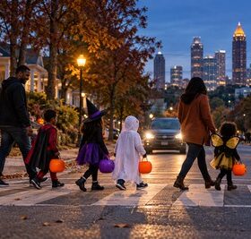 Family crossing an Atlanta street on Halloween, illustrating pedestrian accident liability