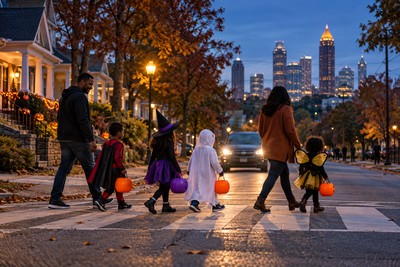 Family crossing an Atlanta street on Halloween, illustrating pedestrian accident liability