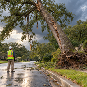 Trabajador de mantenimiento inspecciona un árbol agrietado junto a una carretera de Georgia después de una tormenta