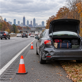 Automóvil con daños leves y equipaje en el arcén de una autopista de Atlanta durante el tráfico festivo.